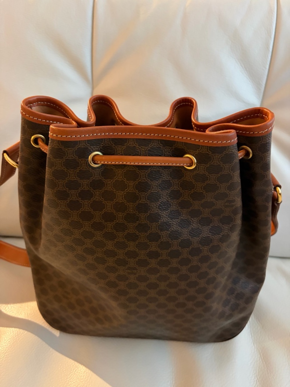 Celine Brown Signature Drawstring Bucket Bag with Tan Trim - Picture 3 of 9